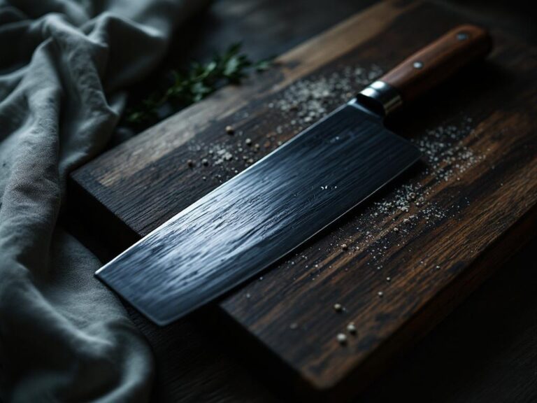 Kinesisk oeksekniv paa butcher-block
