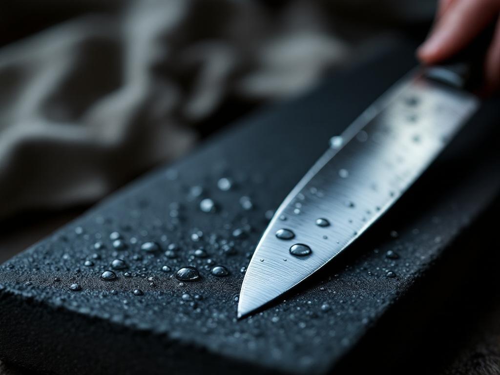 Vanddraaber paa slibesten mens klingen slibes